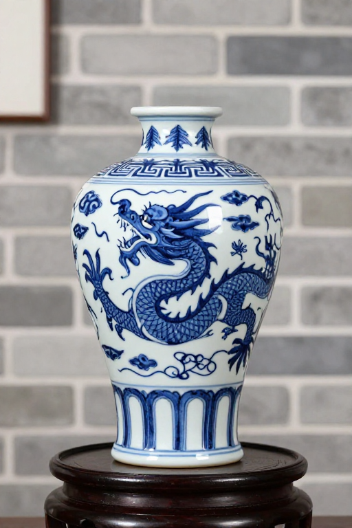 青花瓷龙纹赏瓶:传统美韵与光影艺术