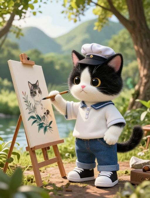 萌趣奶牛猫国画写生:阳光树林里的宁静创作时光