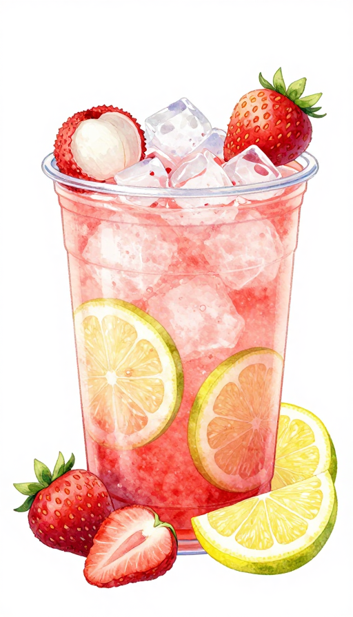 夏日清凉水彩冰饮插画:荔枝草莓柠檬