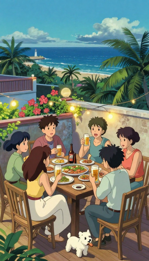 宫崎骏风海南夏夜:海边露台欢聚时刻