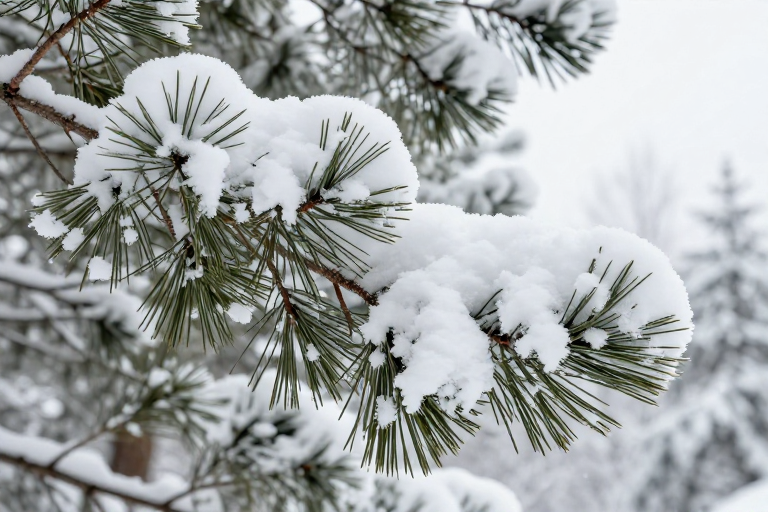 冬日雪覆红褐松枝特写：高清细节与自然冷调光影