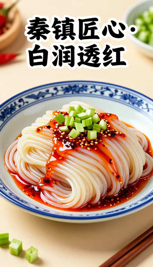 青花盘盛秦镇米皮，红油鲜香尽显匠心