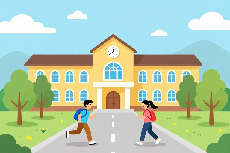 清新校园扁平插画:阳光下的青春奔跑与学习时光