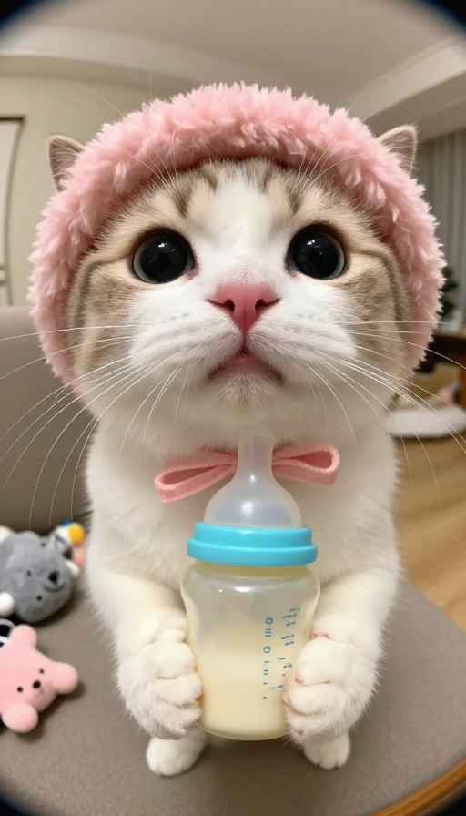 猫咪萌态大特写:粉帽圆鼻的超写实可爱瞬间