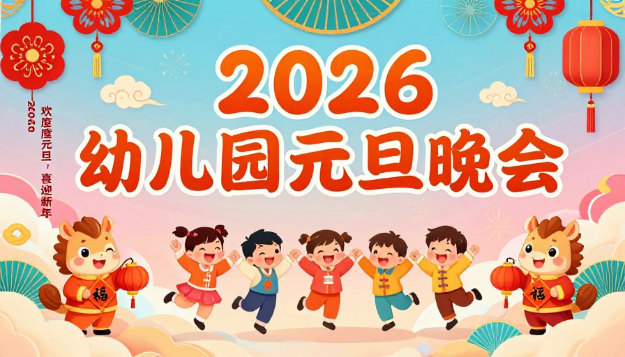 2026元旦庆典:欢乐国风童趣插画海报