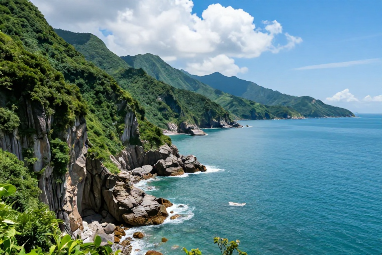 翠岭临海:青蓝碧水与翠绿山峦的自然交响