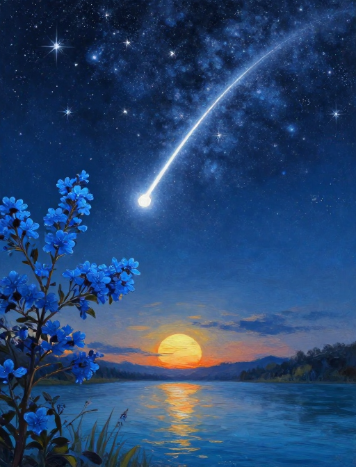 蓝色花枝与流星交织的梦幻夜空油画