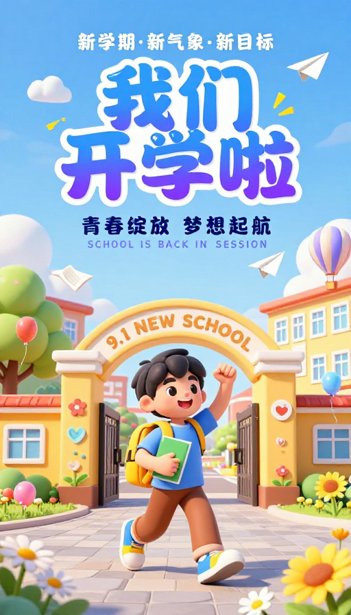 活力3D卡通清新开学海报