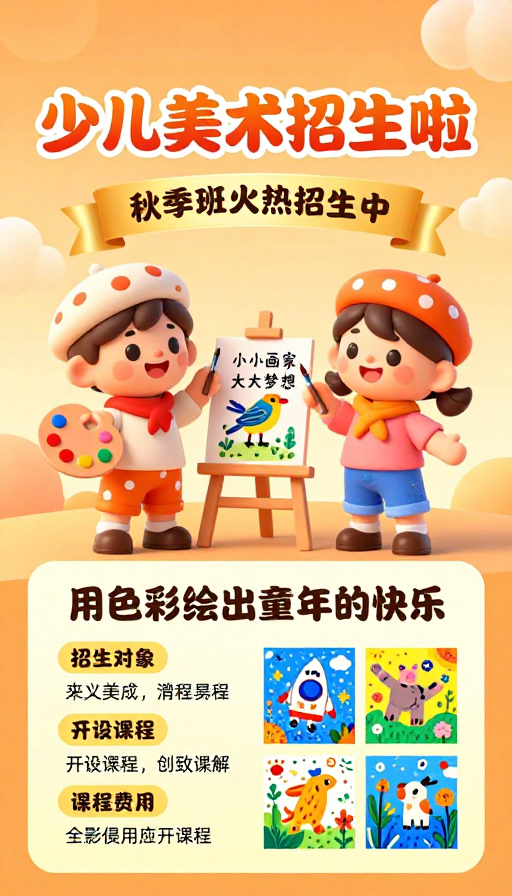 童趣秋招：3D卡通插画风少儿美术招生海报