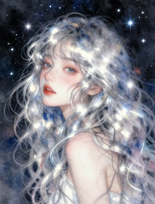 银发少女与星河：超现实水彩梦幻意境
