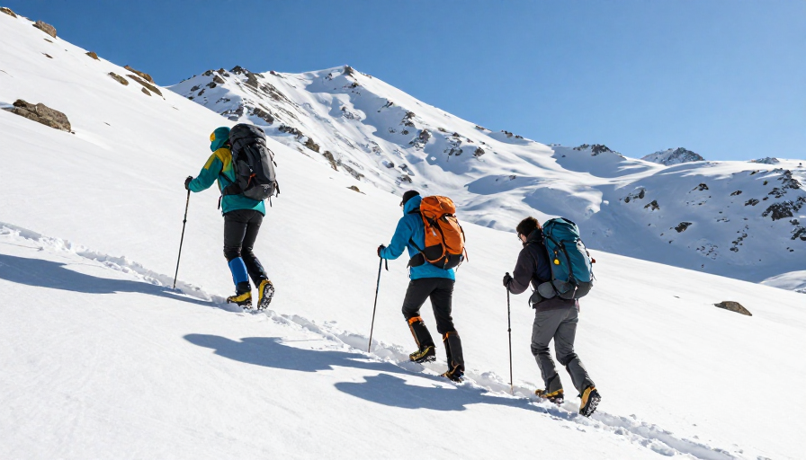 四色登山者勇攀雪峰,光影交织展现专业户外魅力