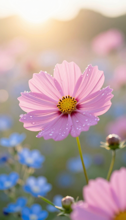 晨光波斯菊与蓝花特写写真