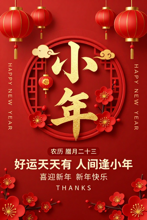 喜庆中国风小年海报:金红配色传统新年祝福