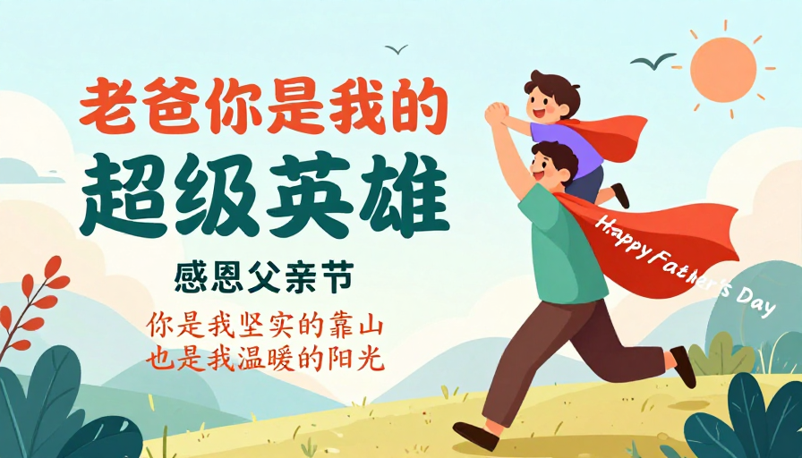 暖色插画父子奔跑，父亲节超级英雄主题海报