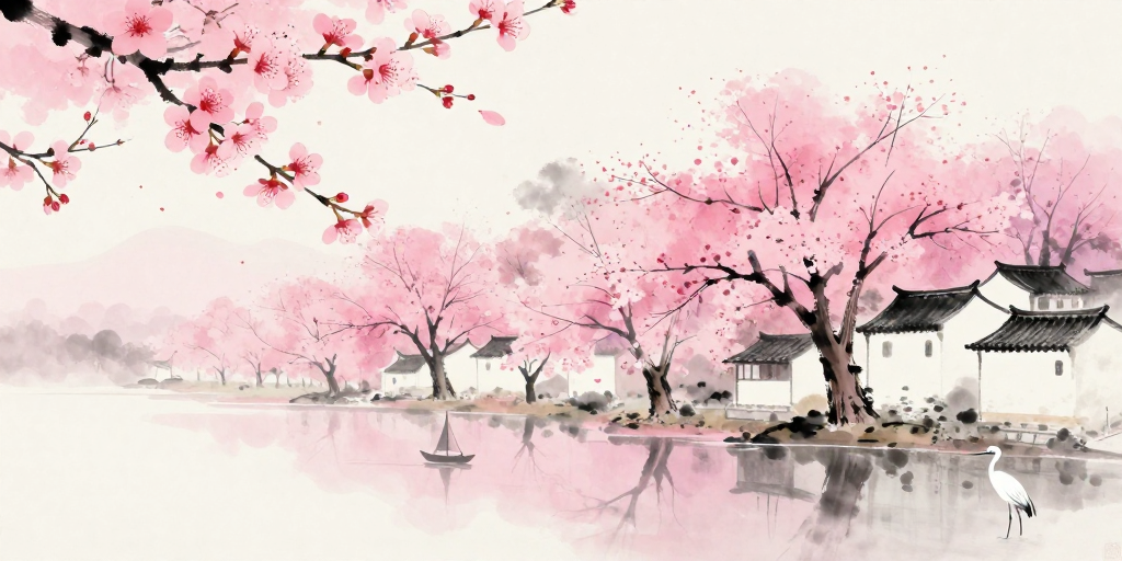 水墨粉彩樱花春景:诗意东方意境