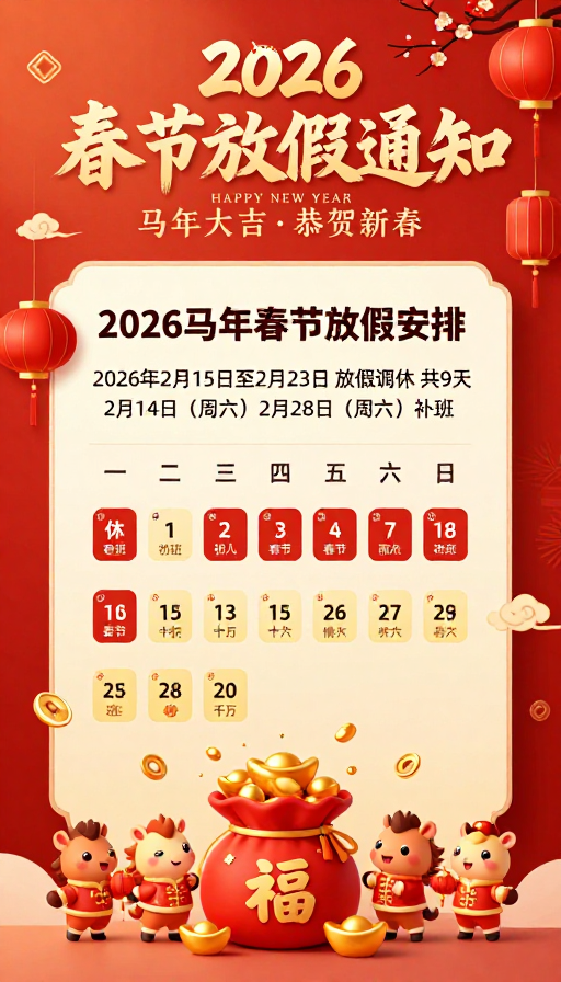 2026马年新春放假通知海报 红色中国风