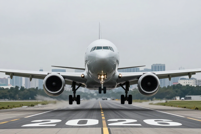 银灰客机起飞,未来都市光影下的商业级航空摄影