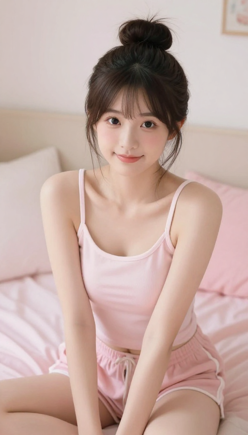 日系清新：粉色卧室中的清纯丸子头少女写真