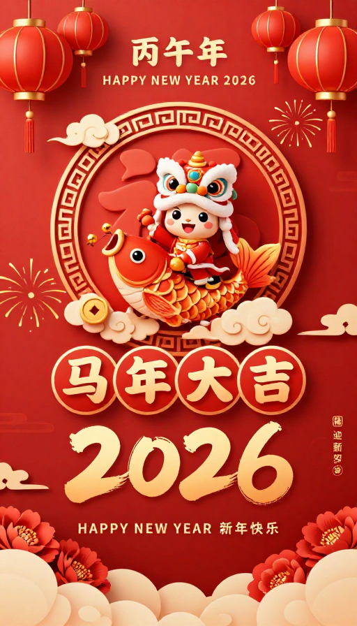 中国风国潮3D舞狮福字新年海报