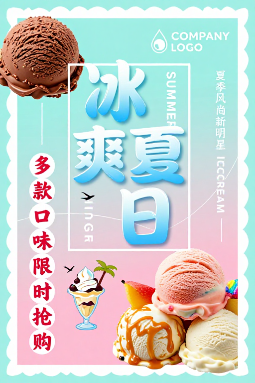 夏日清凉促销海报：冰爽冰淇淋插画设计