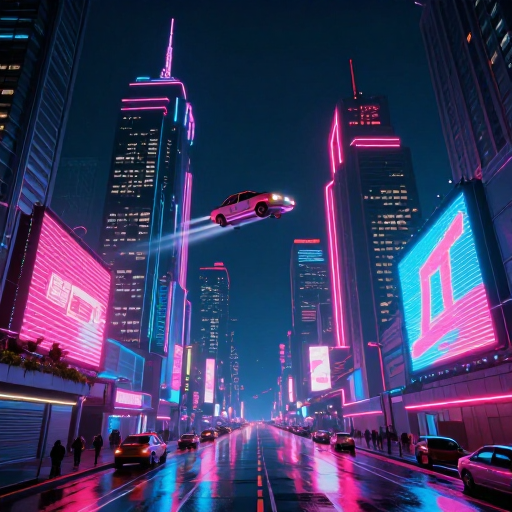 赛博朋克复古未来城市夜景：霓虹光影与飞行汽车