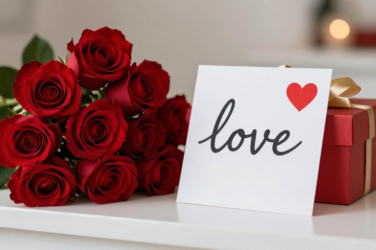 情人节浪漫：鲜红玫瑰与精致礼盒的视觉盛宴