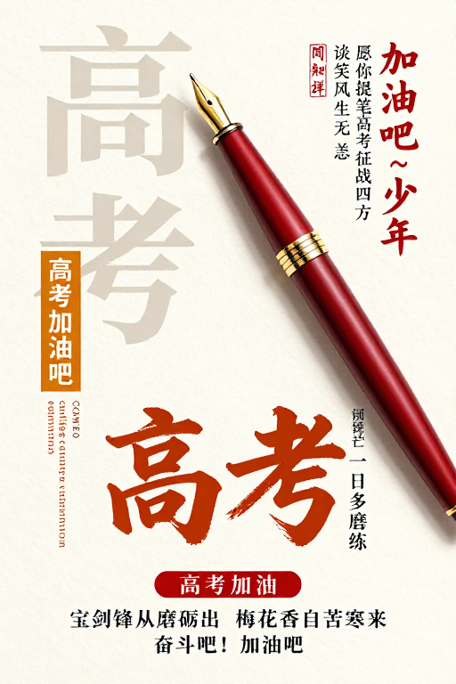 墨韵红笔点缀的典雅高考励志海报