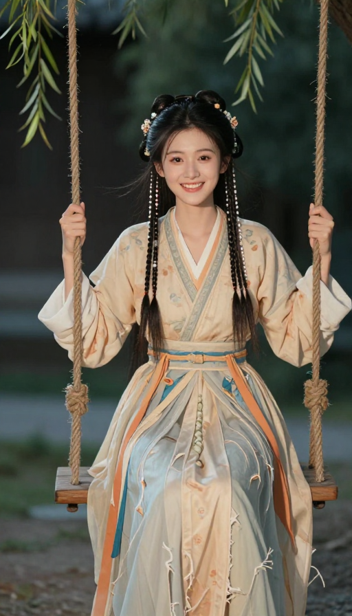 古风少女秋千欢笑 8K写实电影感