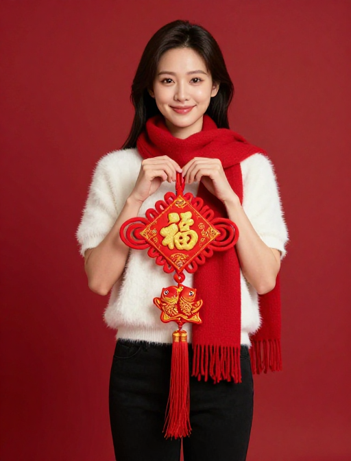 亚洲女性手持福字中国结,新春吉祥海报
