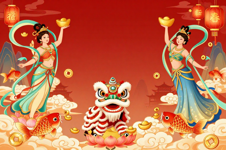 国潮风新年庆典插画,红色喜庆对称设计