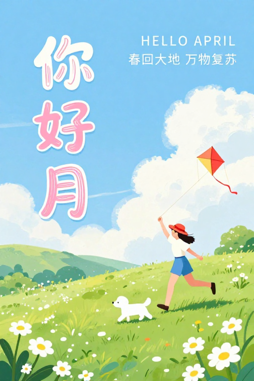 你好四月：清新治愈春日插画海报