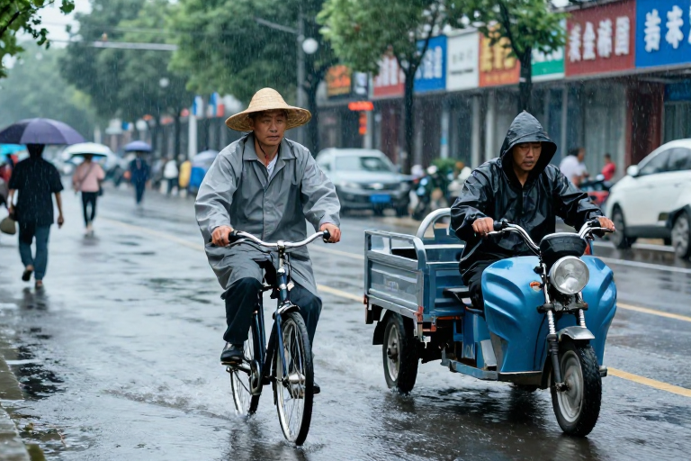 积水长街：雨中骑行者与三轮车伙伴的城市纪实