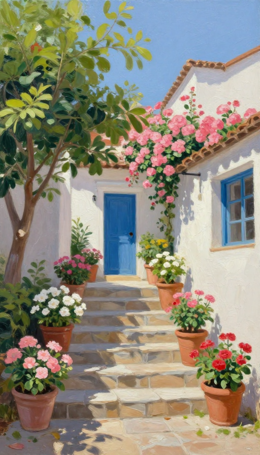 油画风户外庭院:写实笔触与缤纷花卉