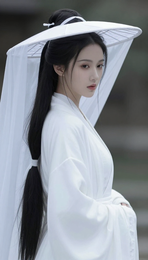 冷峻女道士侧影：白色斗笠下的神秘东方美学
