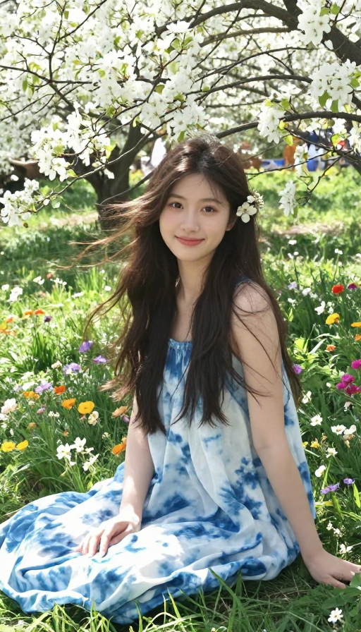 自然与青春:扎染裙下的梦幻花间少女