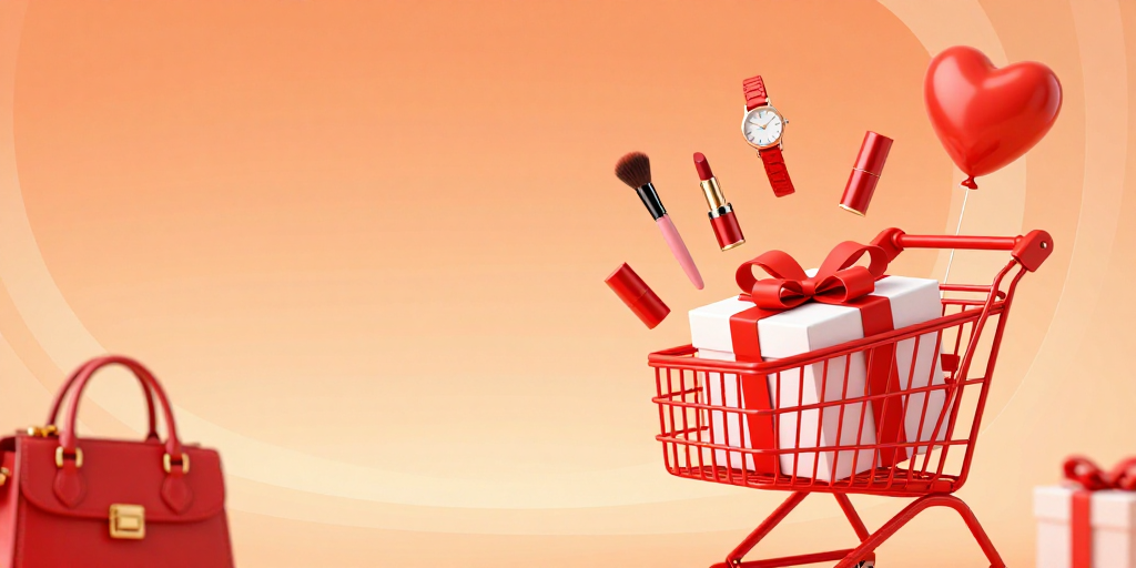 轻奢红色购物礼盒展示：时尚单品环绕现代简约3D渲染