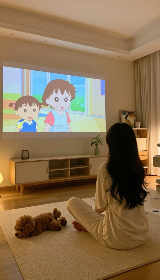 温馨动漫风:全景客厅中少女与泰迪看投影的居家瞬间