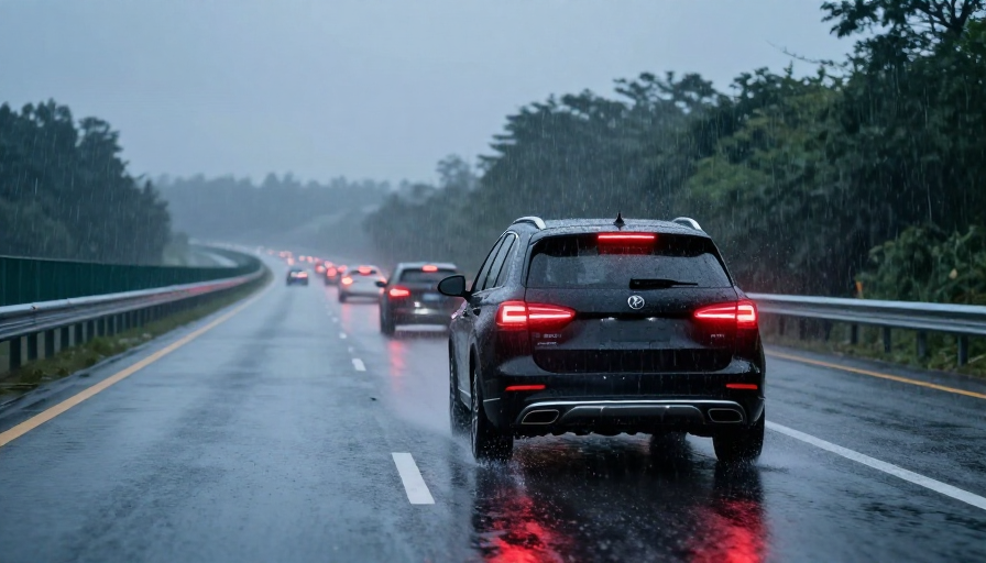 雨夜高速行车：冷峻SUV尾灯映照湿滑路面