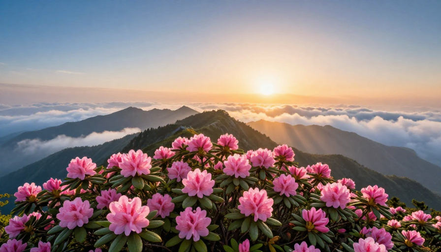 晨曦金辉下的杜鹃花丛：层叠山脉与云海间的自然之美