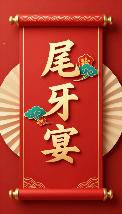 金色‘尾牙宴’立体书法卷轴 传统中国风喜庆海报设计