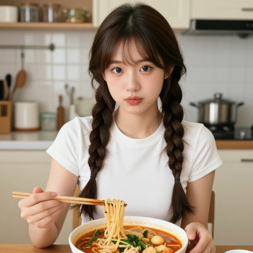 韩系麻花辫少女享受美味麻辣烫的温馨瞬间