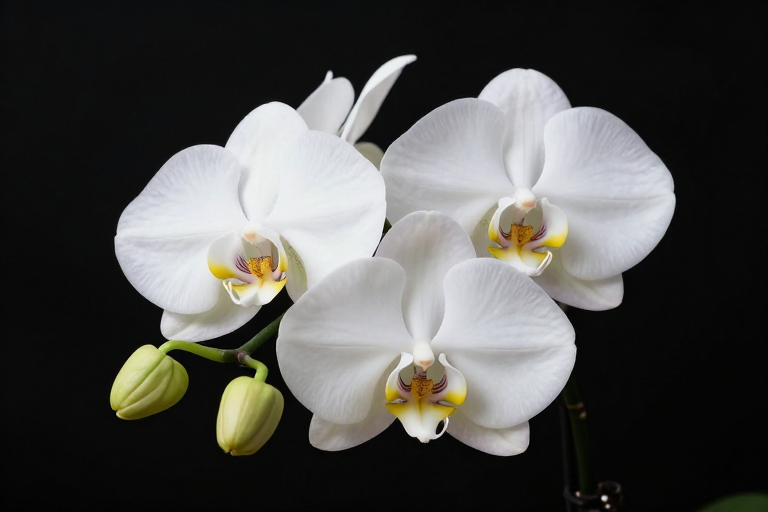 柔光绽放：纯黑背景下丝绒质感的白蝴蝶兰