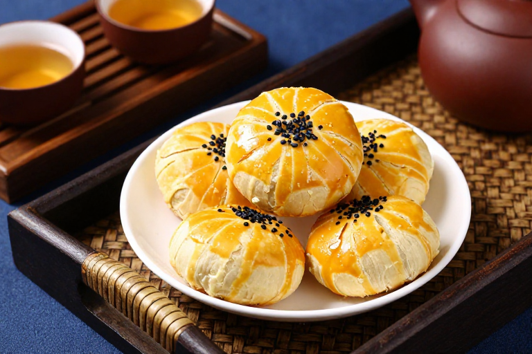 金黄酥饼映茶汤,竹木茶盘承古韵