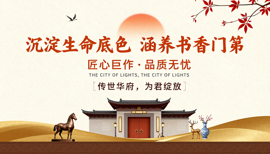 中国风高端地产海报,金色宣纸纹理融合传统意境