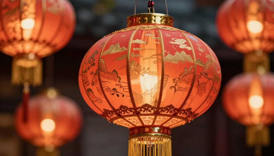 暖光中式灯笼特写：传统纹样与节日辉光