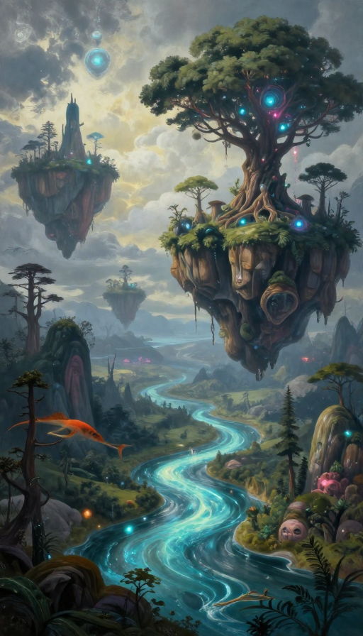 超现实奇幻风景：悬浮岛屿与荧光河流的梦幻交织