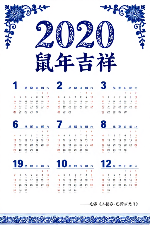 青花鼠年吉祥日历海报