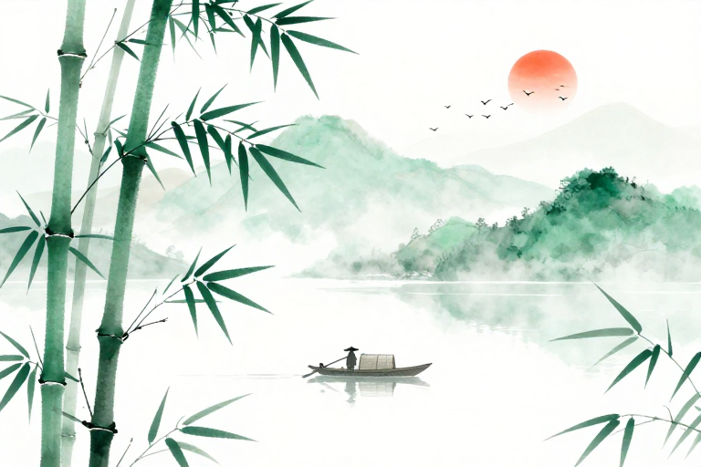 水墨青竹扁舟远山意境