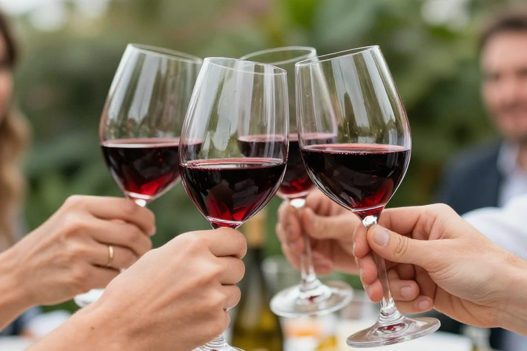 多人碰杯红酒:深红宝石色聚会光影瞬间