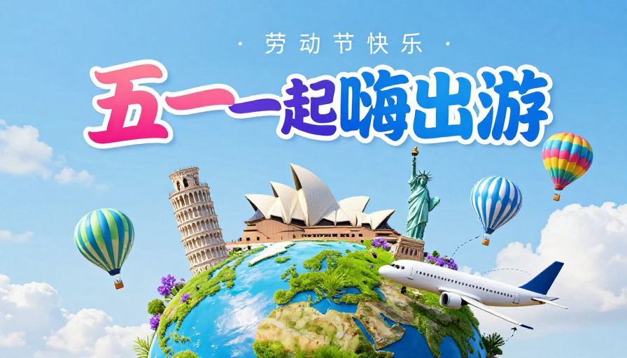 梦幻五一游:全球地标与清新插画风海报